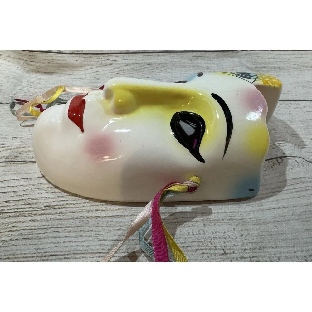 Vintage Hand Painted Ceramic Porcelain Wall Mask Butterfly Yellow Blue Pink Red